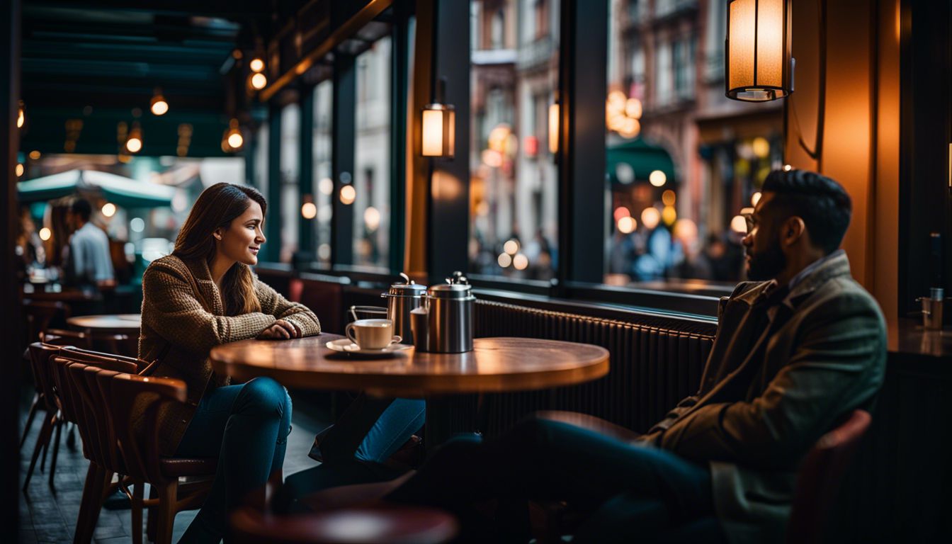 Two people having a conversation in a cozy cafe surrounded by a cityscape.