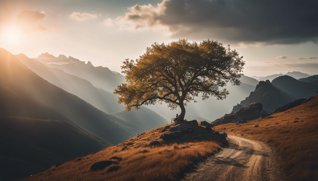 A serene mountain landscape with a single tree in focus.