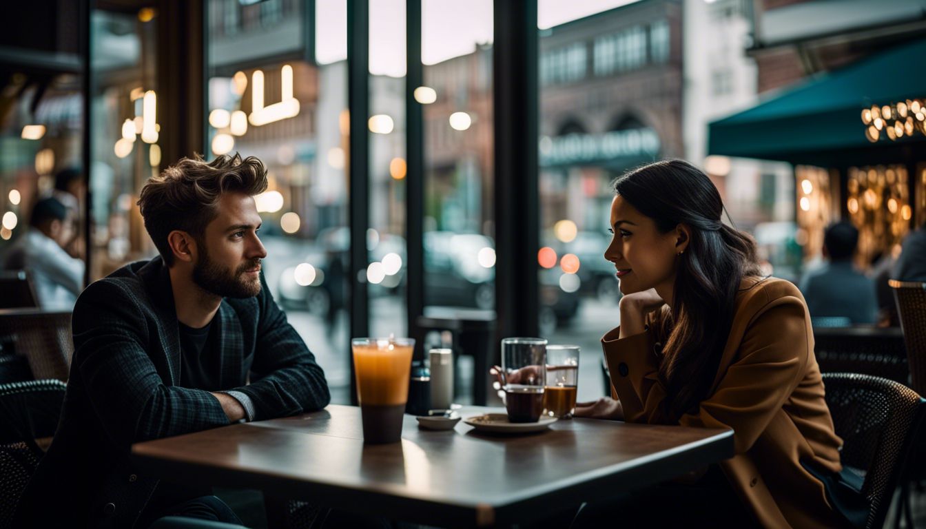 Two friends engrossed in conversation in a lively café setting.