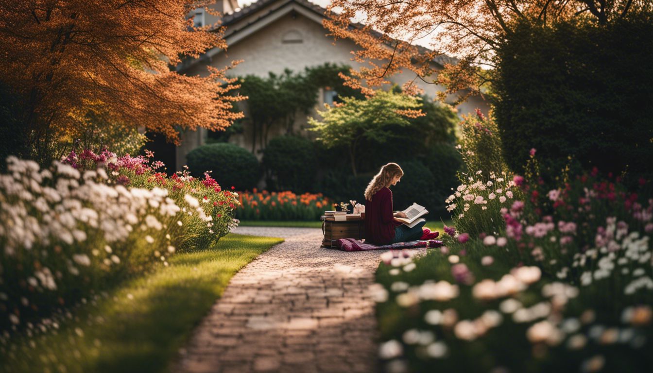Photograph of a person reading in a beautiful garden surrounded by flowers.