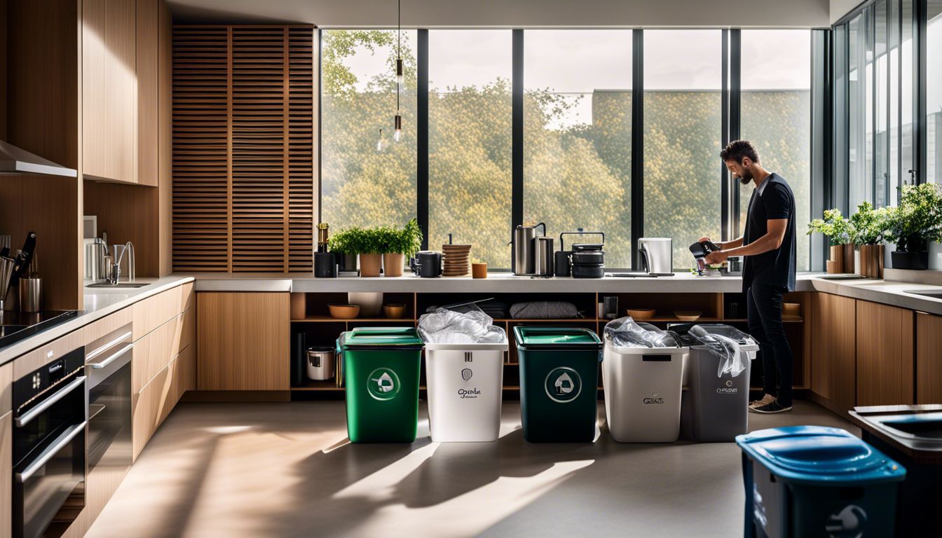 A person recycling in a modern kitchen with eco-friendly appliances.