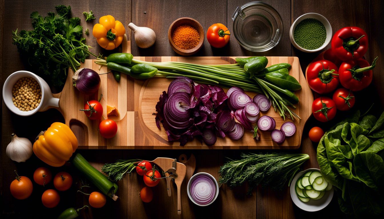 Colorful vegetables and herbs on a wooden cutting board with kitchen tools.