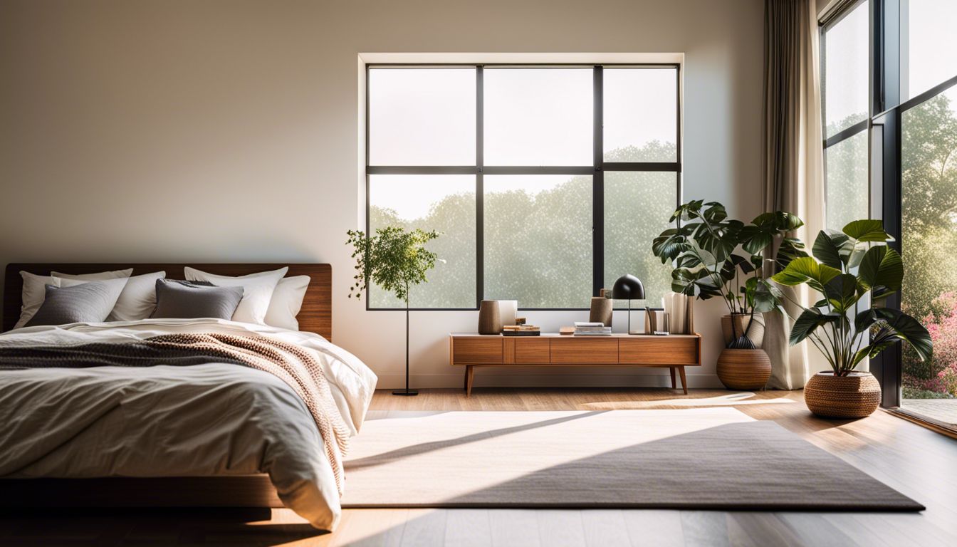 Minimalist bedroom with natural light, showcasing simplicity and sustainability.