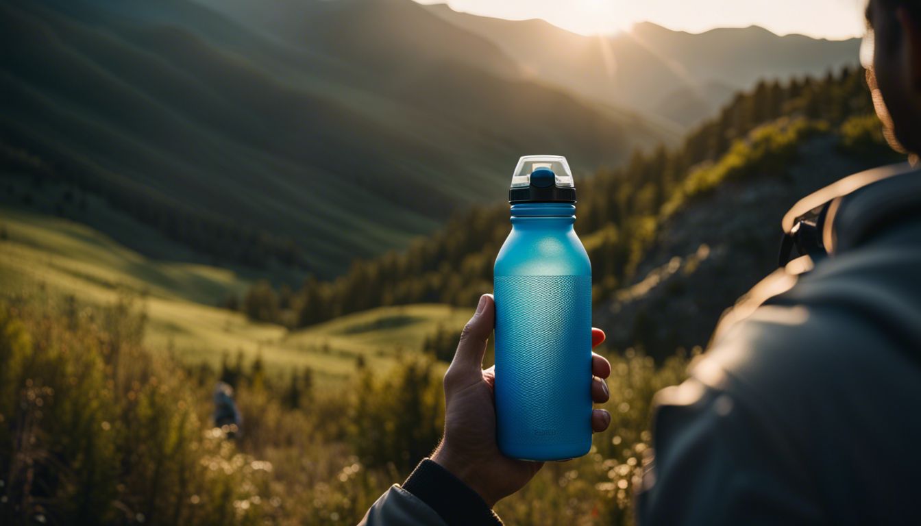 Person holding reusable water bottle in picturesque outdoor landscape.
