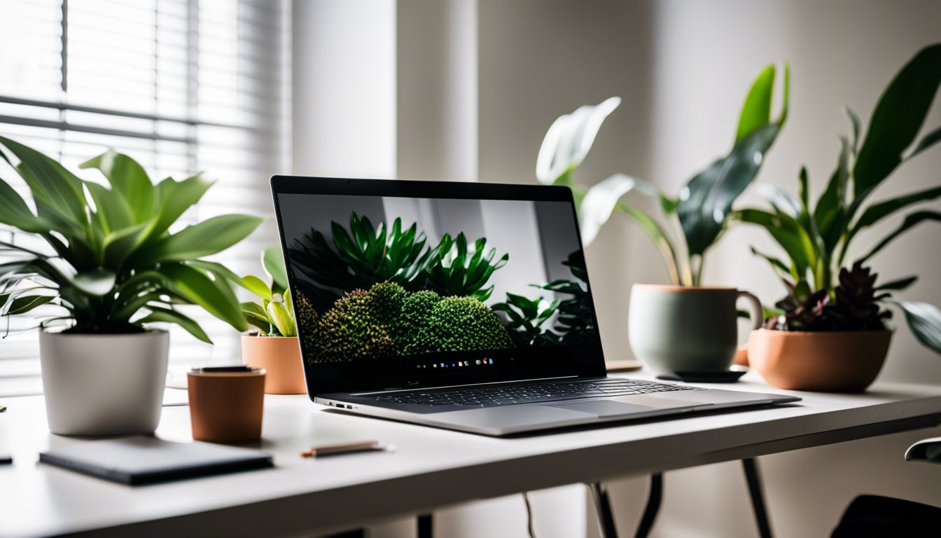 Minimalistic desk with potted plant, laptop, and organized workspace.