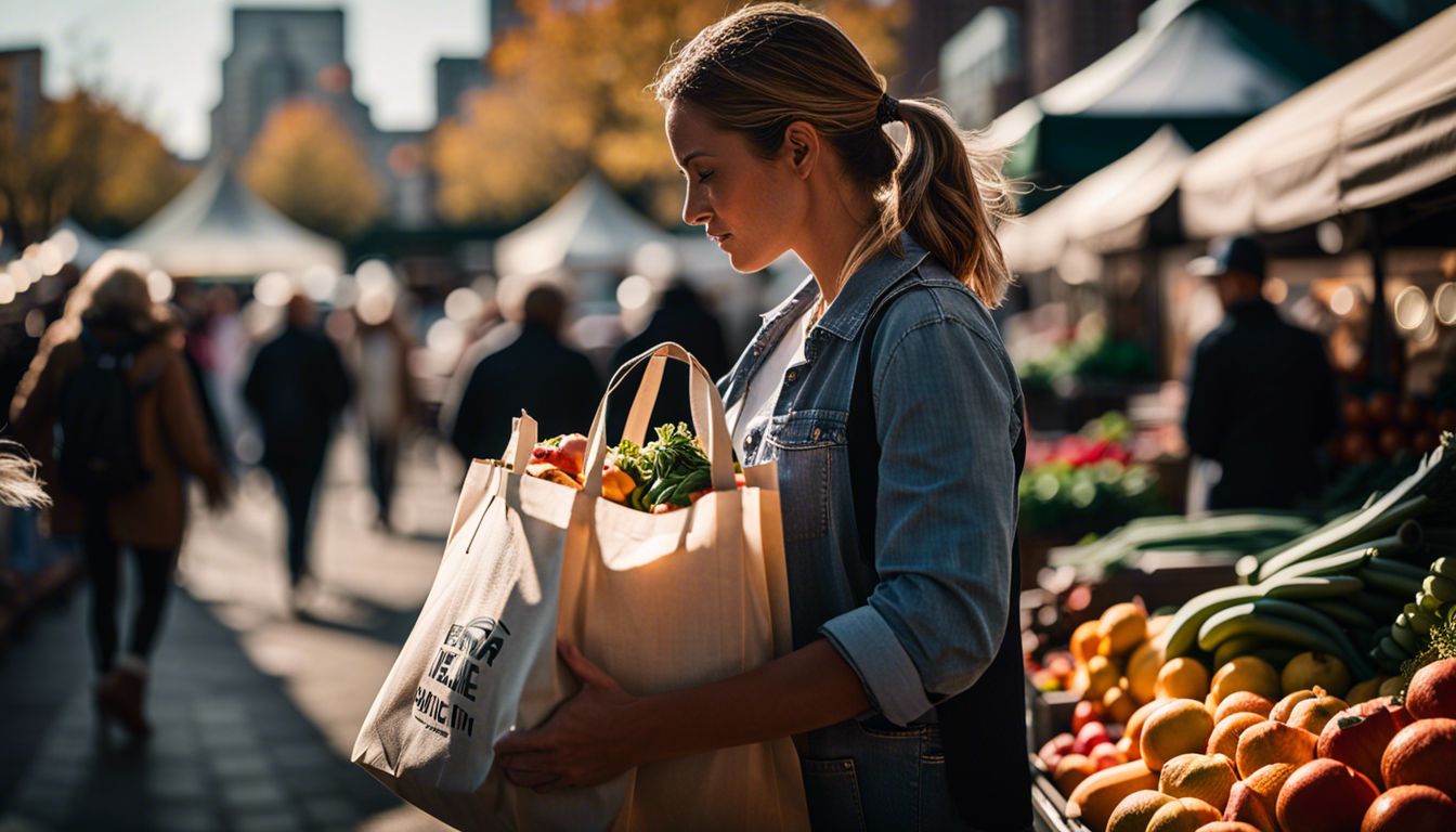 A person holding reusable grocery bags in a bustling farmers market.