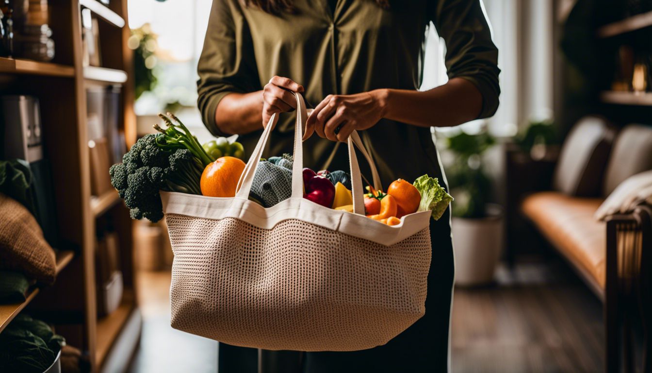 Person holding reusable market bag filled with groceries and eco-friendly items.