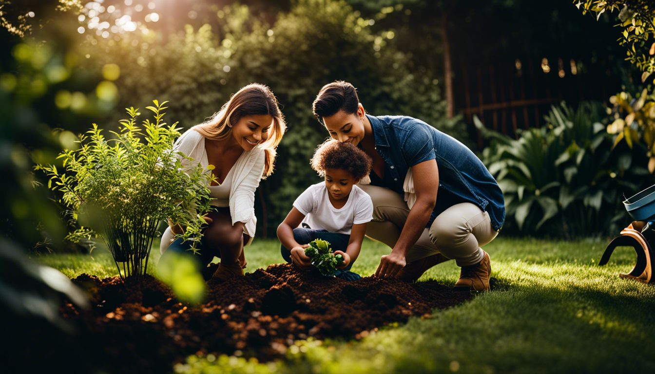 Family planting trees in a lush garden, capturing nature's beauty.