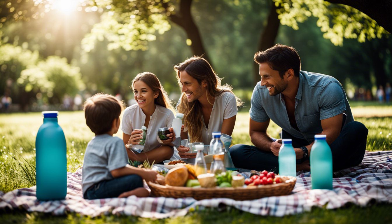 A family enjoying a picnic in a lush green park.
