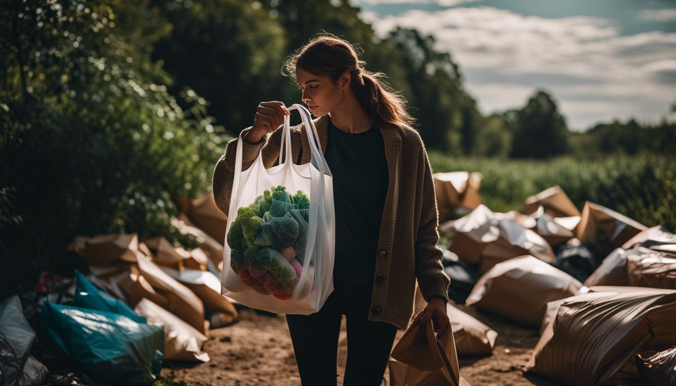Person holding reusable grocery bag in nature surrounded by recyclables.
