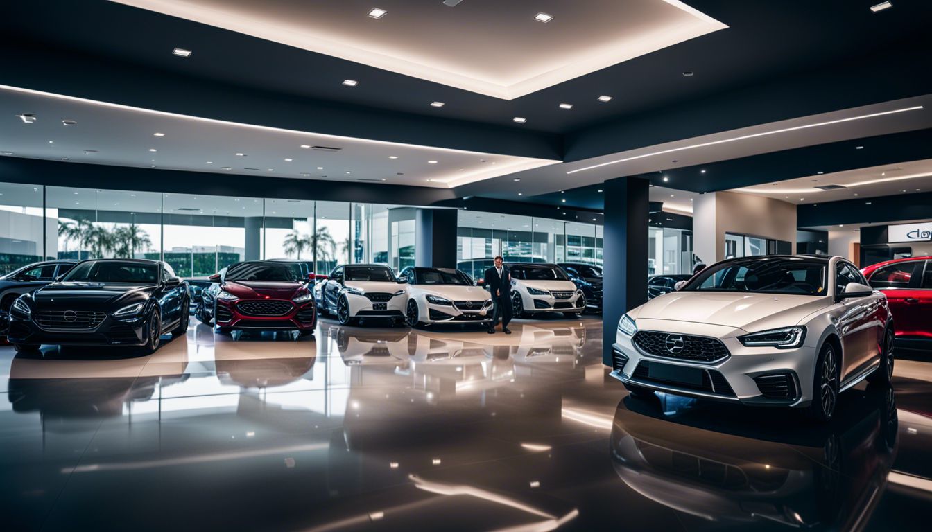 A modern car dealership with high-tech equipment and efficient sales team.