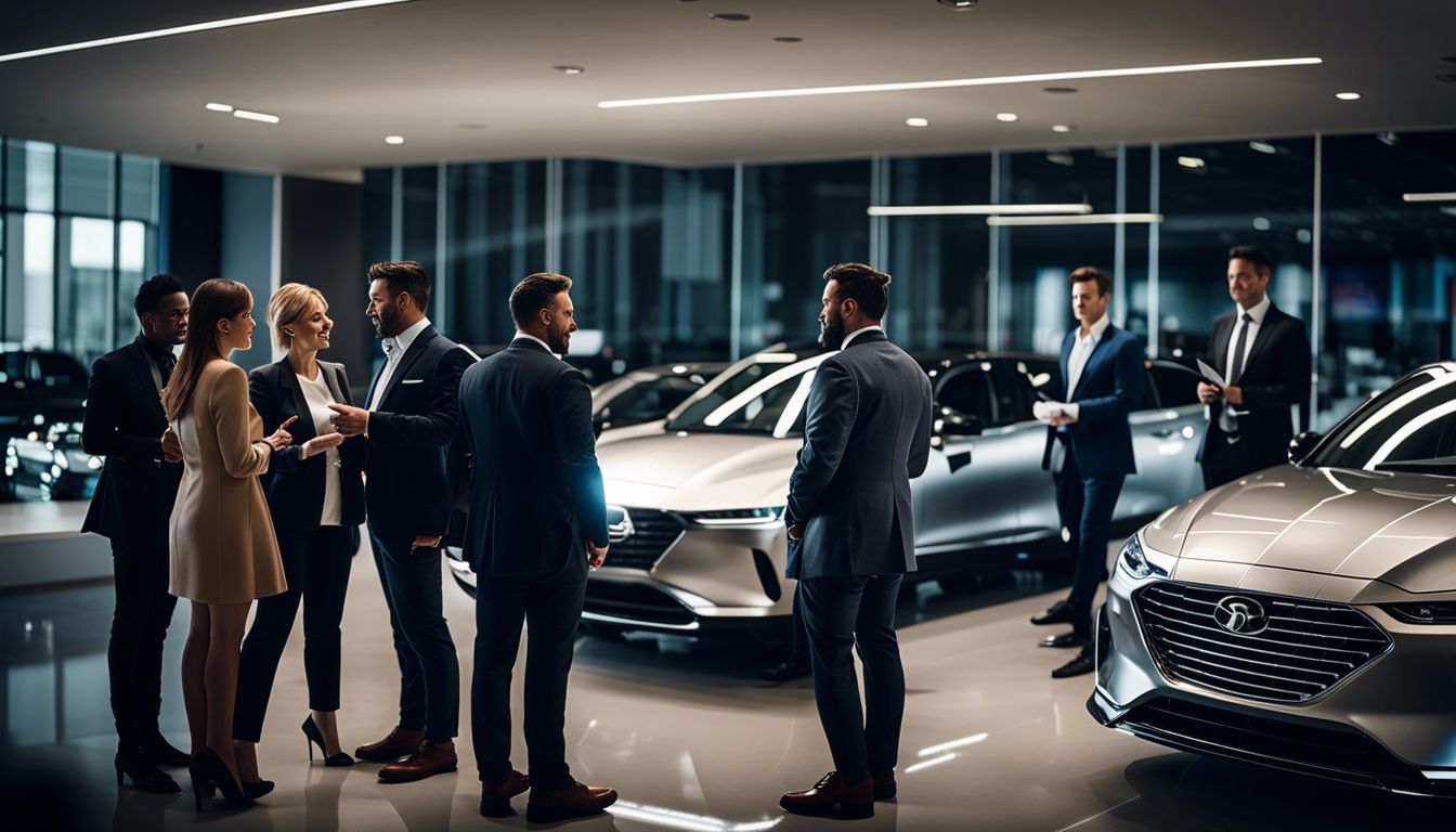 Sales representatives interacting with customers in a bustling car showroom.