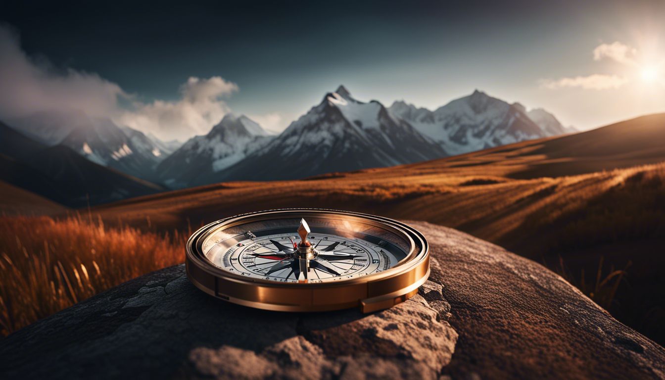 A compass points the way on a mountain path in stunning detail.