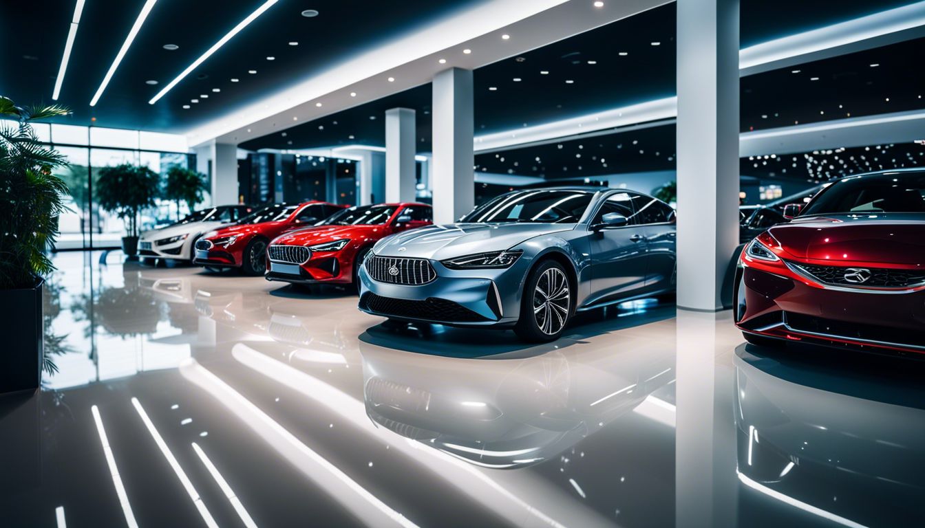 Photography of a modern car showroom with sleek cars on display.