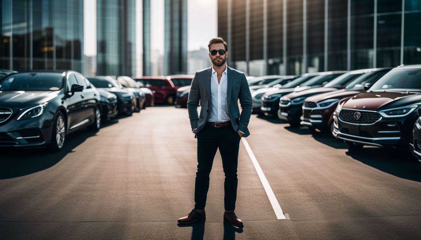 A confident car salesperson stands next to a line of vehicles.