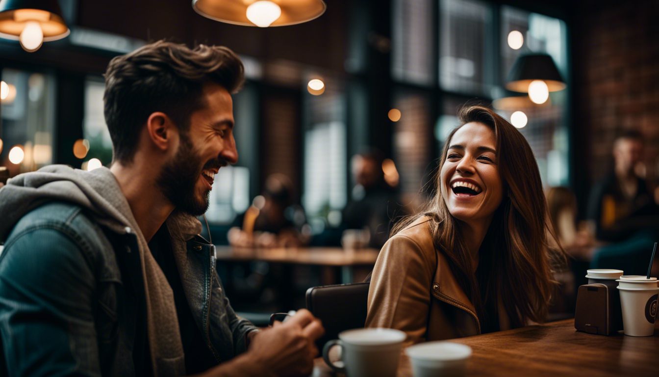 Two friends laughing and chatting at a lively coffee shop.