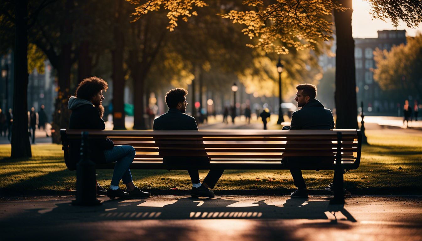 Two people engrossed in a conversation on a park bench.