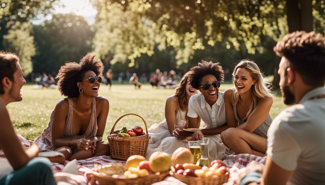Group of friends laughing and enjoying a picnic in a sunny park.