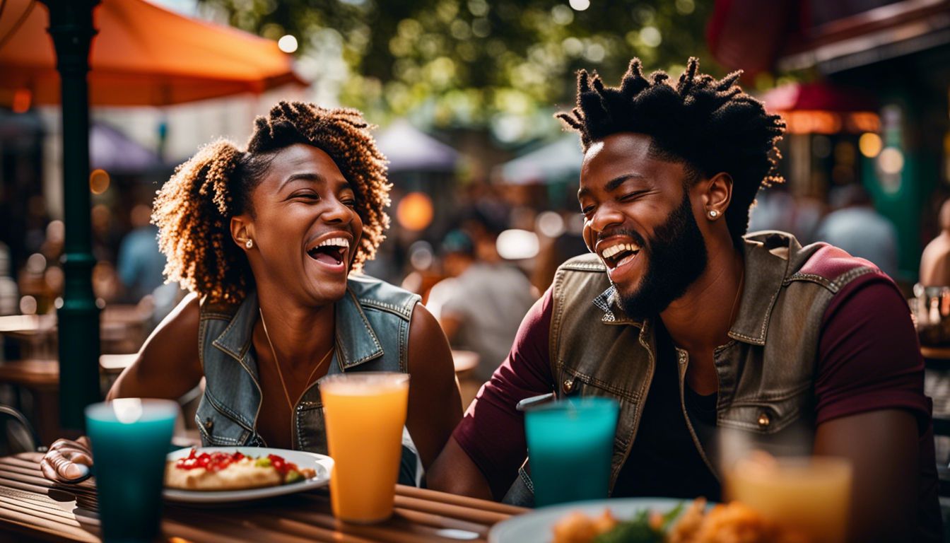 Two friends laughing together at a vibrant outdoor cafe.