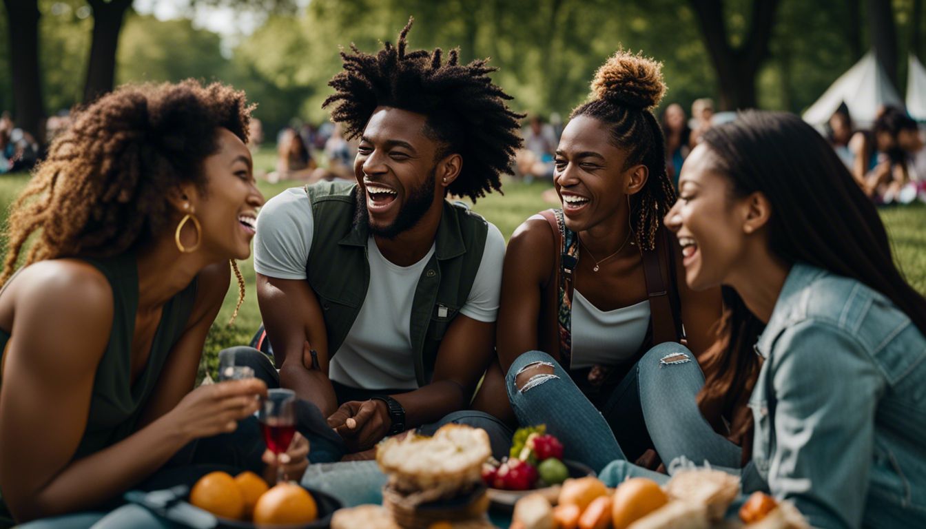 A group of friends having fun and laughing at a picnic.