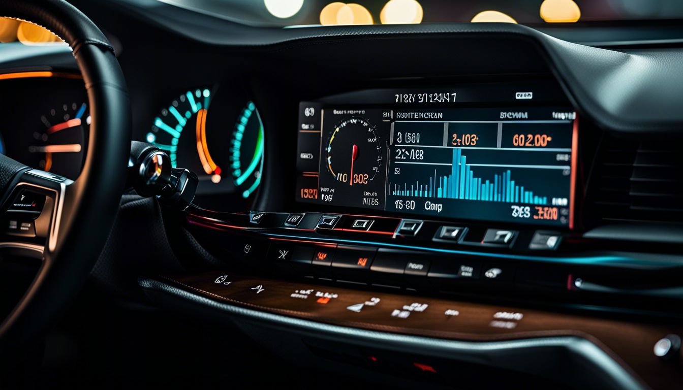 Close-up of a car dashboard with digital KPI metrics displayed.