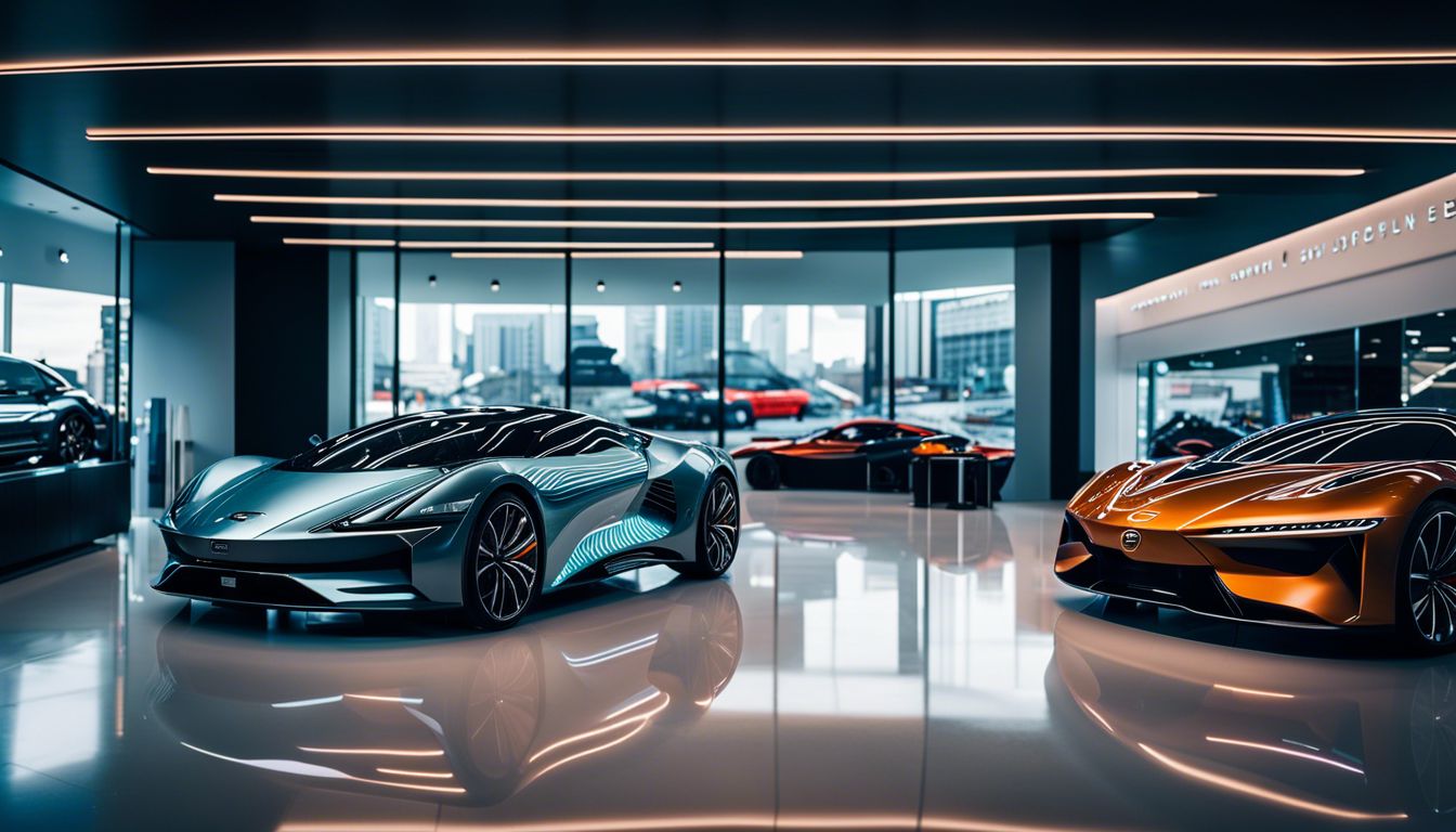 Futuristic car showroom with interactive displays, bustling atmosphere, and natural lighting.