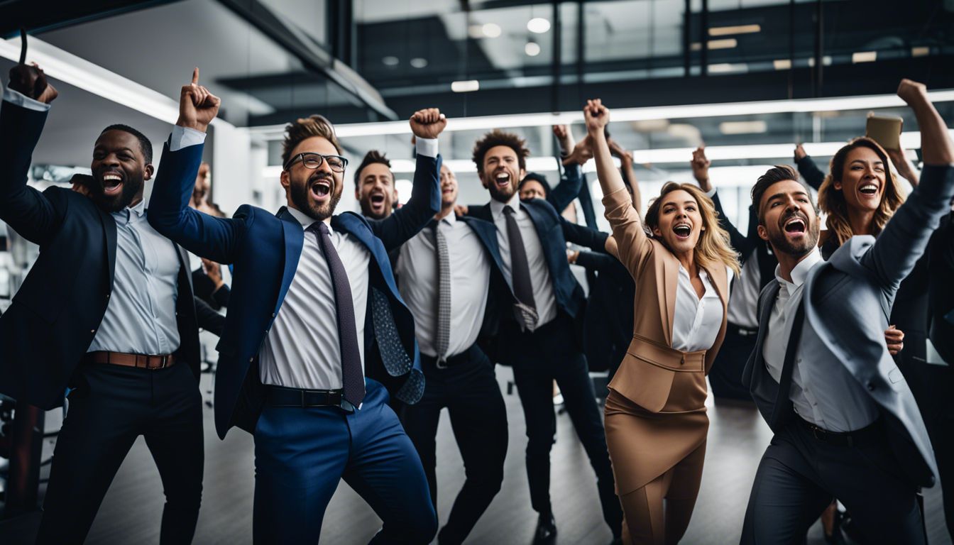 Enthusiastic sales team celebrates success in modern office atmosphere.
