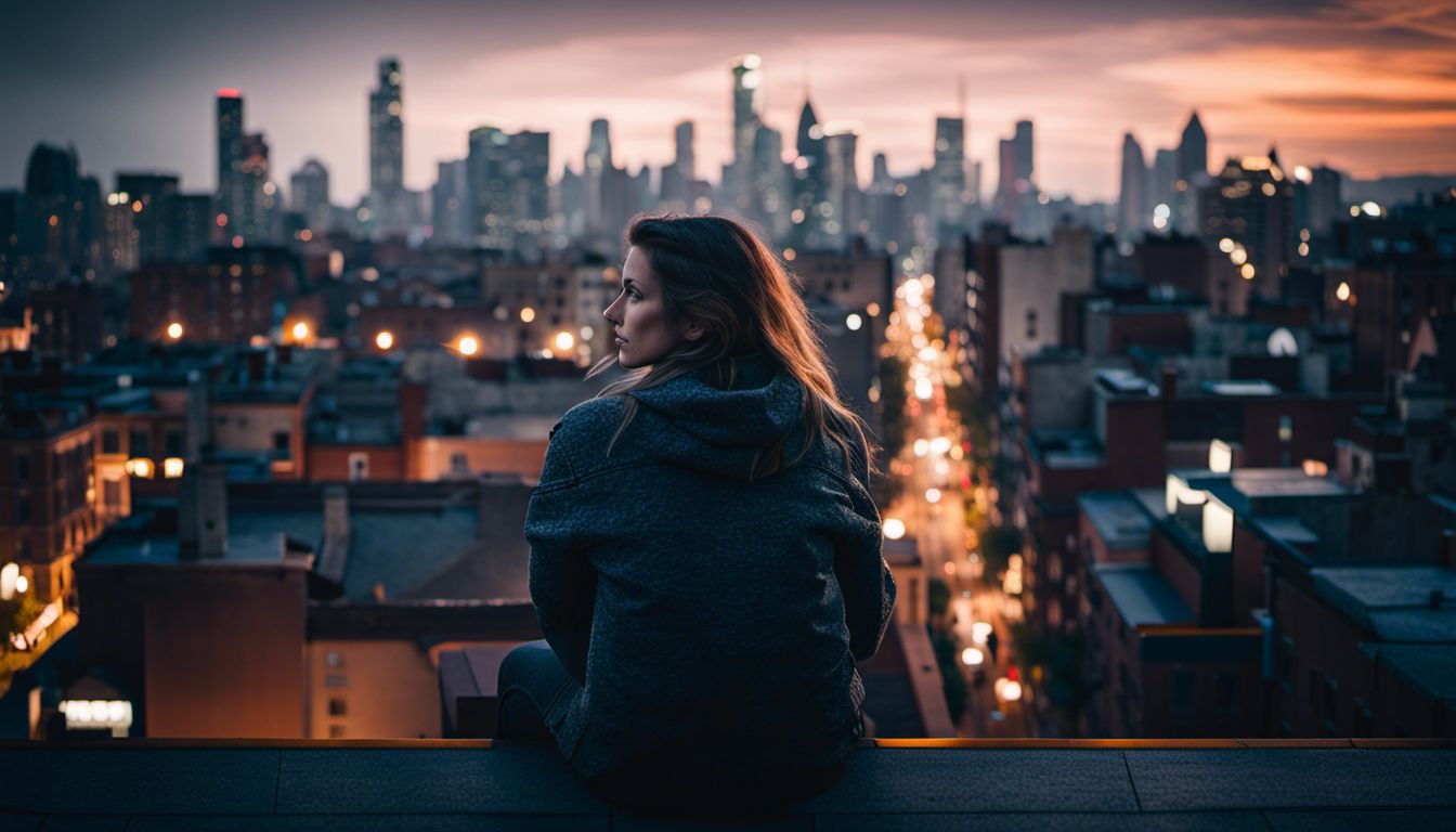 A person alone on a city rooftop, looking at the night sky.