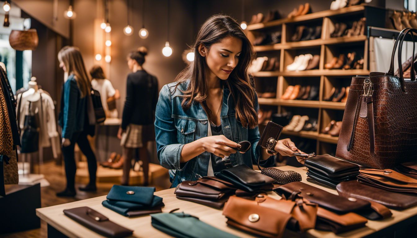 An eco-conscious shopper explores eco-leather accessories at a sustainable fashion boutique.