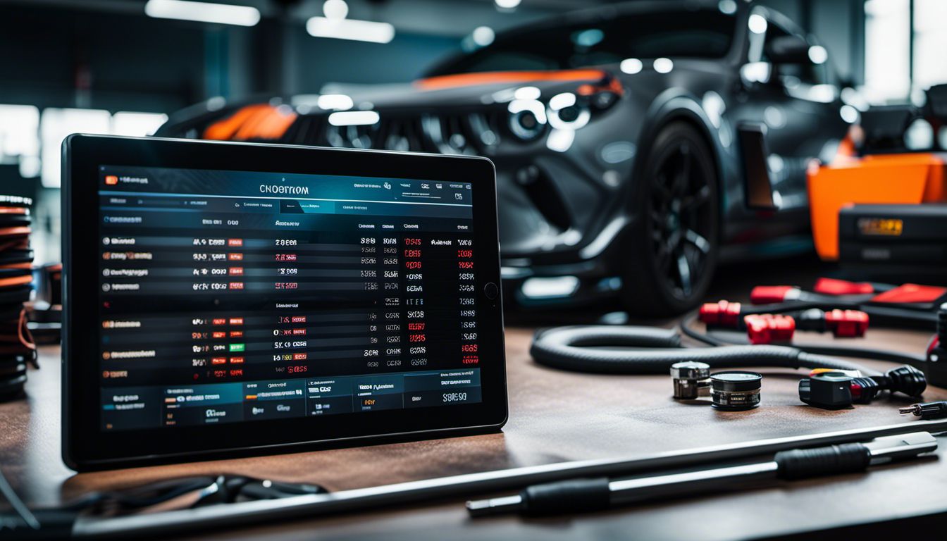 The image shows a tablet displaying an automotive fixed operations leaderboard with tools and equipment in the background.