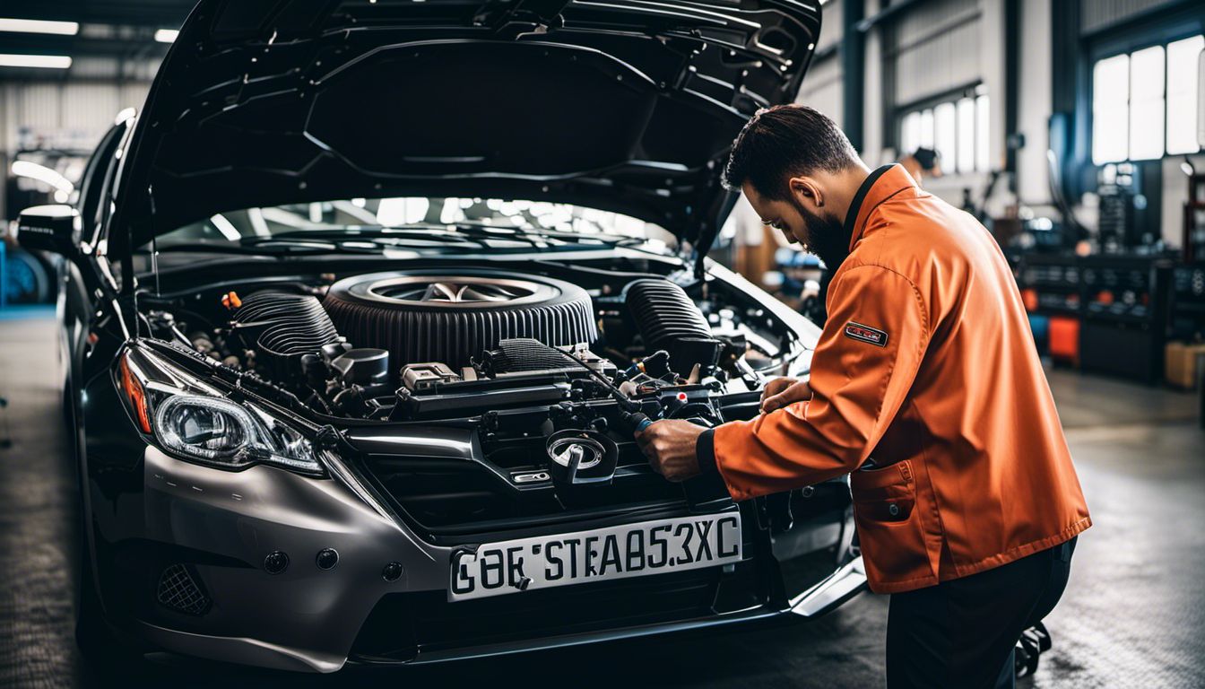A technician examines a car engine surrounded by tools and diagnostic equipment in a bustling atmosphere.