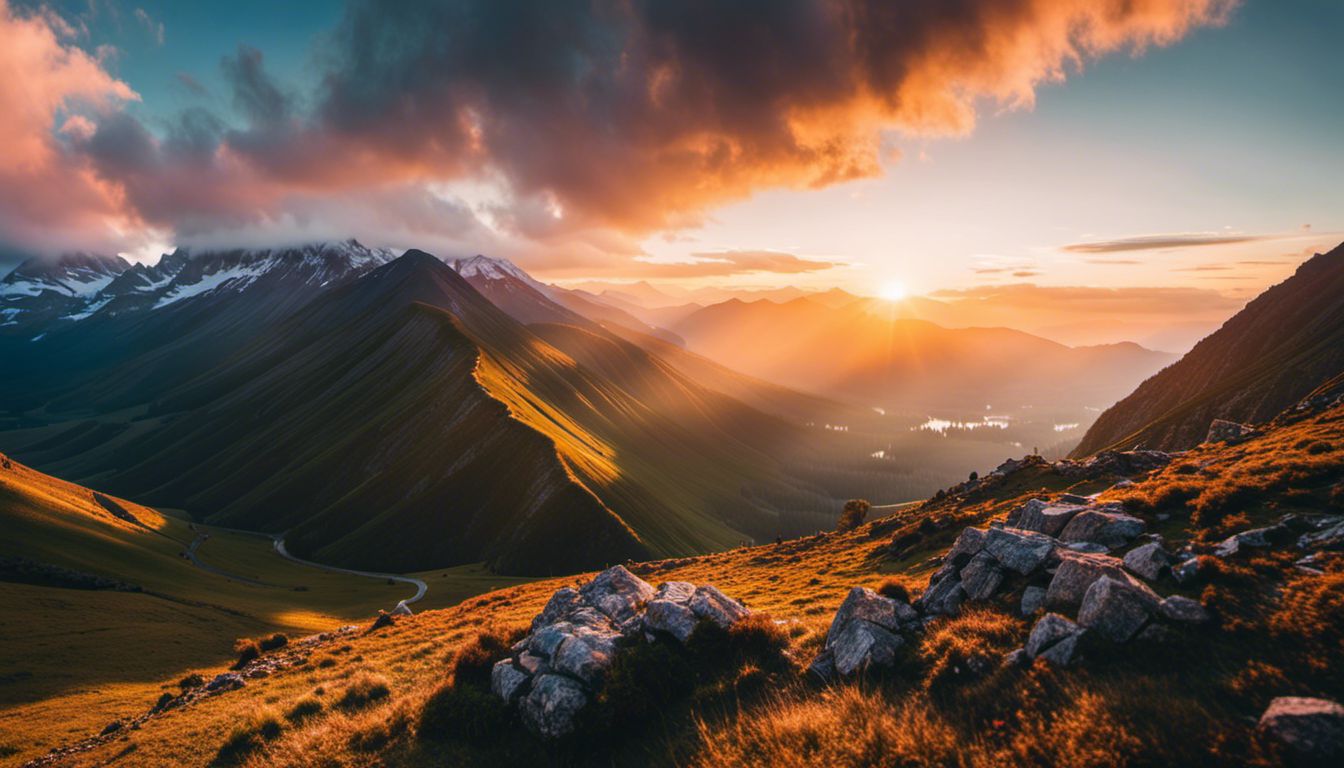 A stunning sunrise over a mountain landscape, captured with a DSLR camera, displaying vibrant colors and sharp focus.