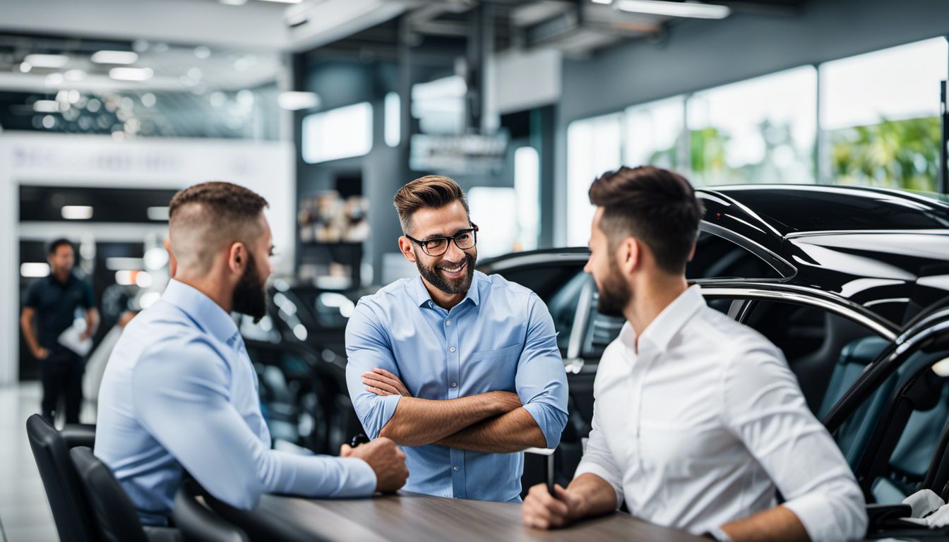 A dealership manager discusses service CRM implementation with a team of technicians in a well-lit and bustling atmosphere.