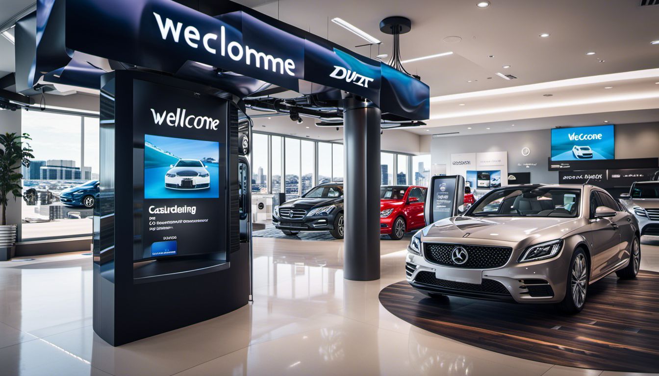 Digital sign displaying personalized welcome message and product promotions in a car dealership showroom with diverse customers.