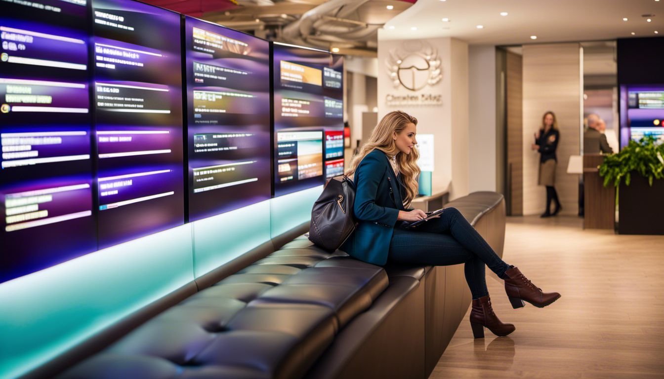 A customer in a comfortable waiting area looking at digital service menus on large screens.