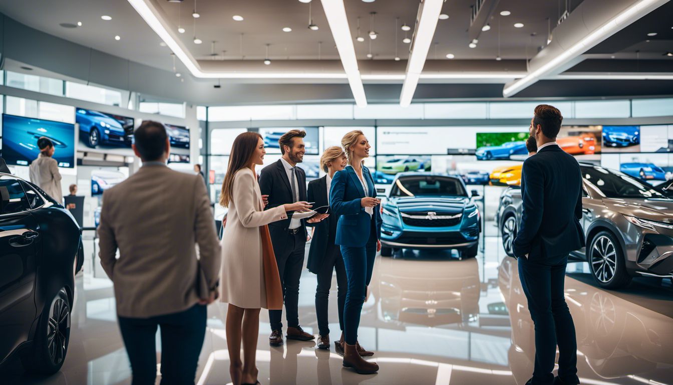 Diverse group of people interacting with digital signs in a car dealership showroom; bustling atmosphere.