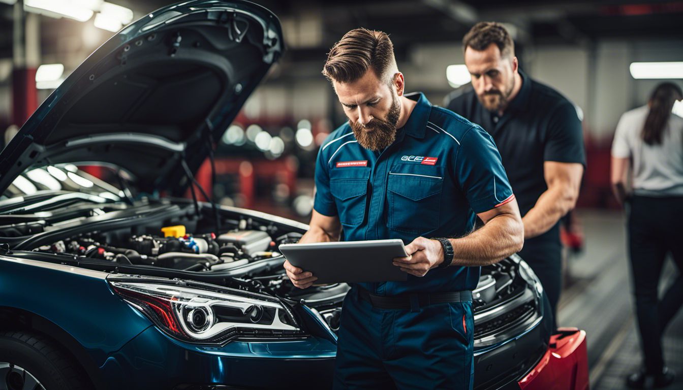 A mechanic inspects a car engine using a tablet with a digital service menu displayed, in a bustling atmosphere.