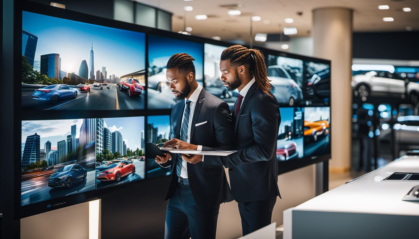 A dealership executive adjusts customizable content on a digital sign in a bustling cityscape setting.