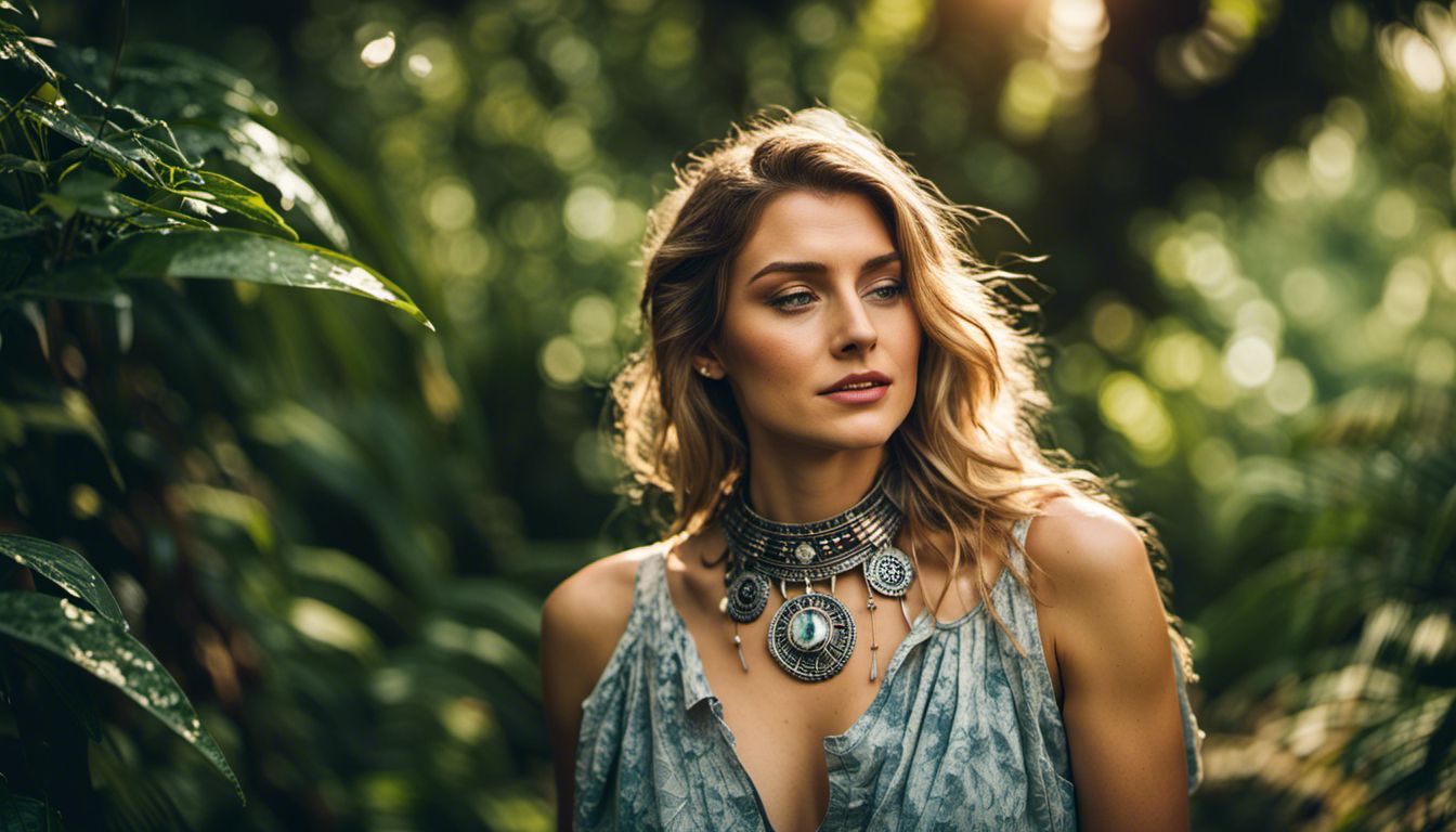 A woman wearing recycled metal jewelry in a lush green environment.