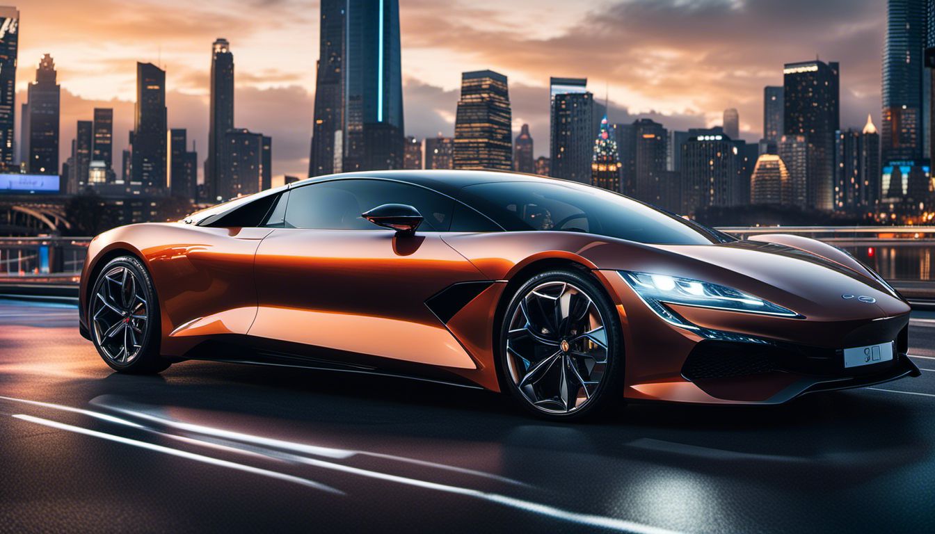 A digitally manipulated image featuring a sleek car surrounded by a futuristic cityscape, with highly detailed individuals showcasing different styles and outfits.