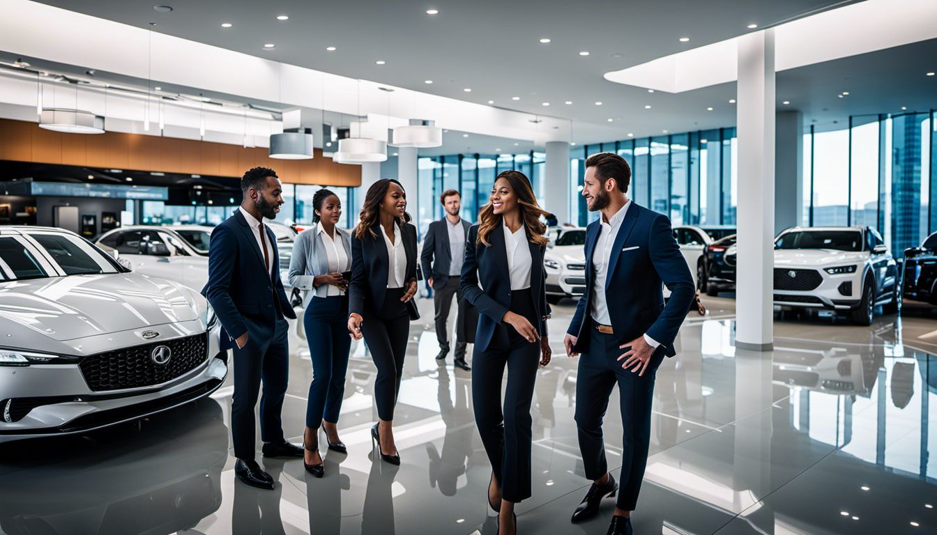 A diverse group of professionals in a modern dealership, showcasing different faces, hairstyles, and outfits in a bustling atmosphere.