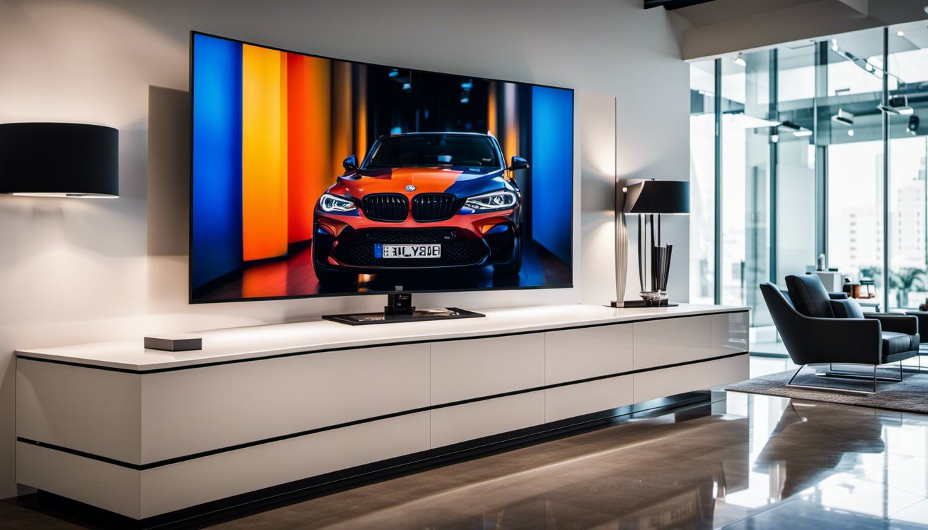 Photography of a dealership logo displayed on a big screen TV in a modern showroom with a bustling atmosphere.