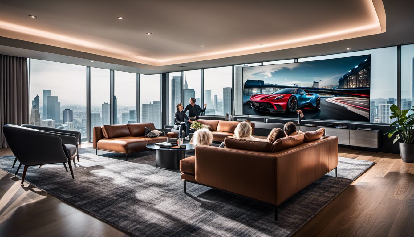 A modern lounge area with a large TV displaying car-related programming and cityscape photography.