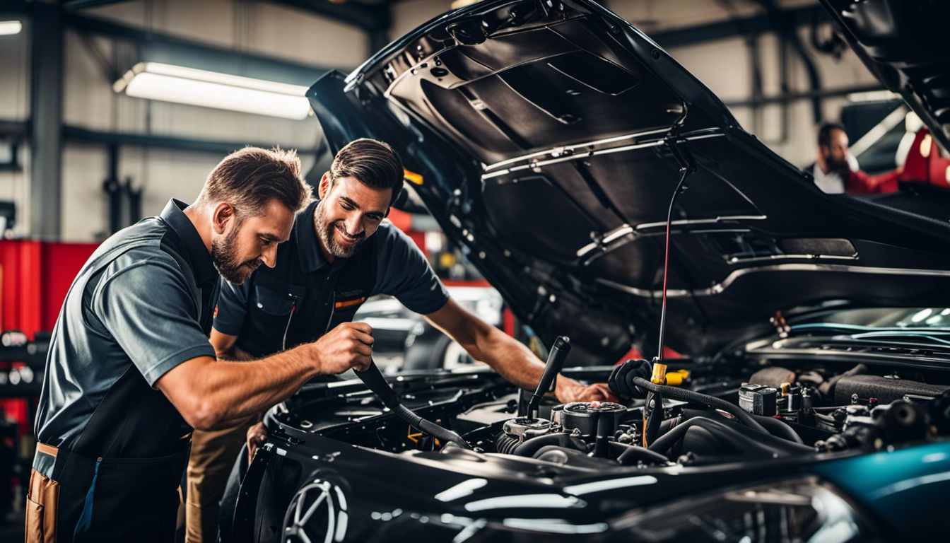 A photograph of a mechanic working on a car with a customer watching in a well-lit garage setting.