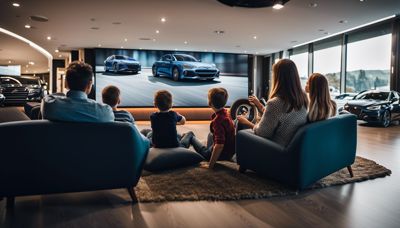 Happy family watching a car dealership program on a large screen, featuring diverse faces and outfits.