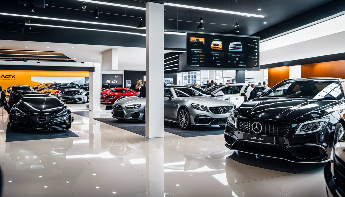 A busy car showroom with a digital Sales Appointment Board and a variety of people browsing cars.