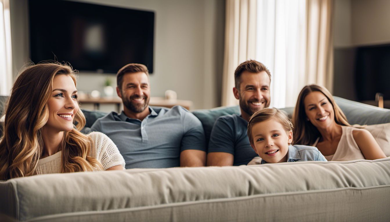A Caucasian family watching custom TV programming for car dealerships in a modern living room.