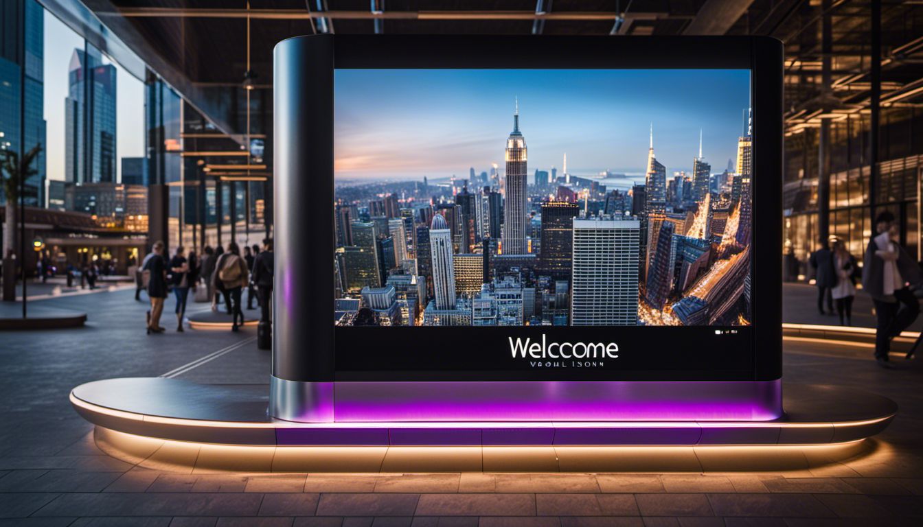Photography of a digital welcome sign featuring diverse people in a cityscape setting.