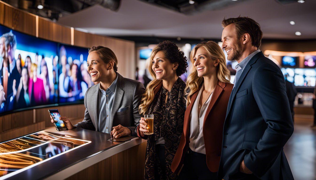 A diverse group of customers smiling and interacting with Coffman Media's digital signage.