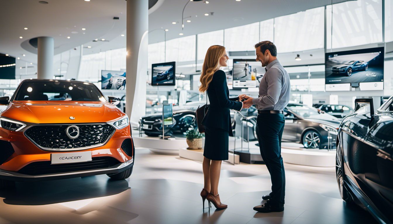 An engaged couple browsing car models using a digital kiosk in a modern dealership with a bustling atmosphere.